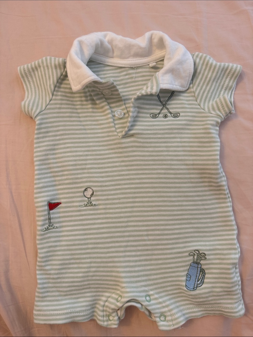 Baby Polo golf Romper - Light Green Stripes and embroided gold print 3-6 months